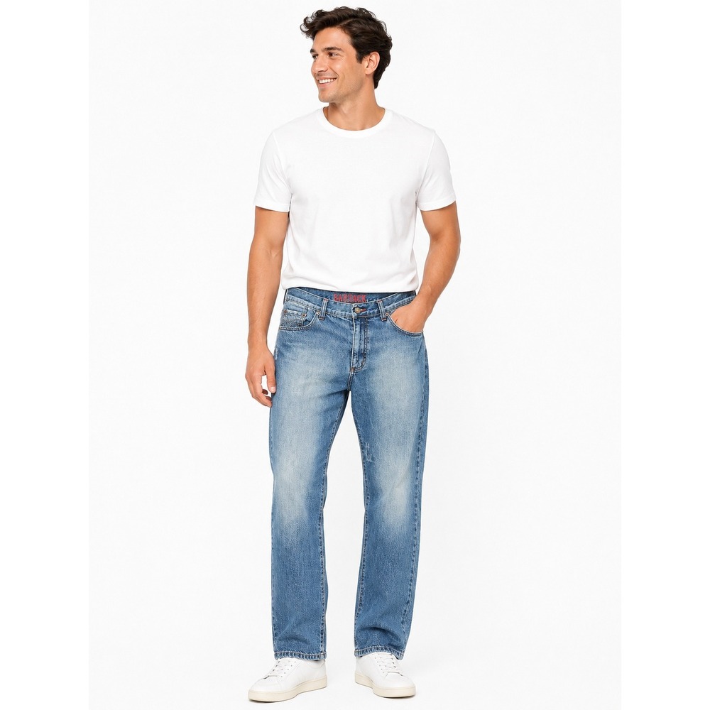 Bartack Mens Distressed relaxed Straight Leg Jeans Size 36 Blue Denim Mid Wash